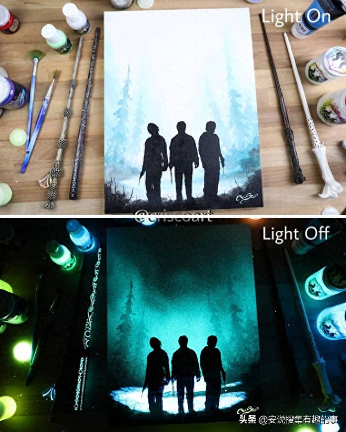 当你关灯的时候，这些荧光油画开始变得栩栩如生起来(图2)