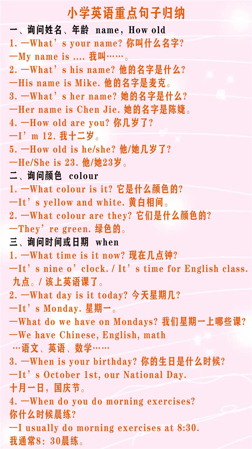 打印收藏！小学英语16类核心句型，一篇搞定孩子口语交际(图2)