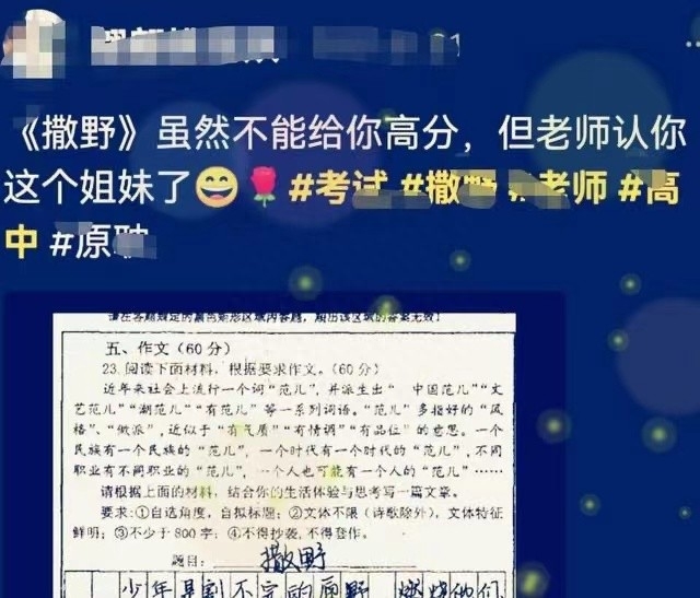 考试作文《撒野奔跑》出分数了，老师一句话评论，与《撒野》有关(图7)