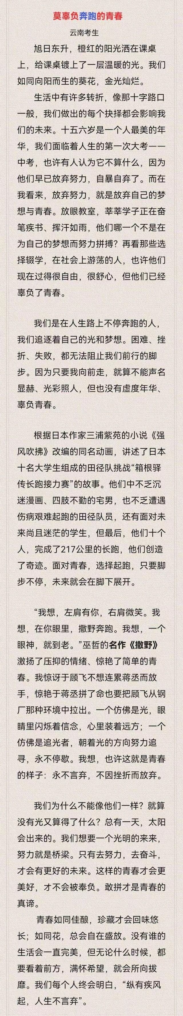 考试作文《撒野奔跑》出分数了，老师一句话评论，与《撒野》有关(图8)